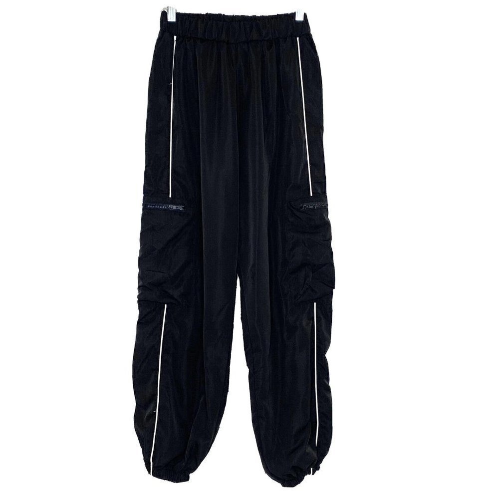 Shein Wind Track Pants Womens size Small Side Leg Pockets Black Contrast Piping